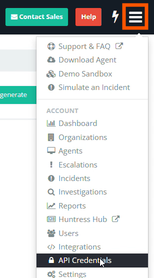 Huntress hamburger menu and API Credentials option